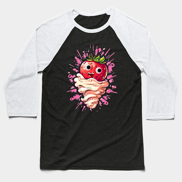 Funny Cartoon Strawberries and Cream Baseball T-Shirt by MutedTees